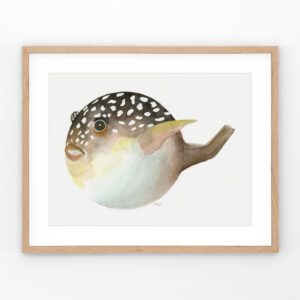 Watercolor painting of a big, round pufferfish with wide eyes, bringing whimsy and charm to coastal decor.