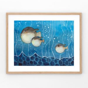 Three puffed-up puffer fish, swimming in a sea of bubbles and bringing all the quirky coastal vibes. This playful watercolor adds a burst of color and whimsy to any space, no deep dives required.