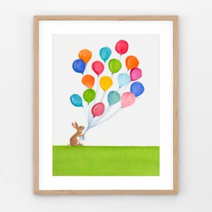 Whimsical bunny with colorful balloons in a fine art print, spreading joy and celebration. Perfect for nursery or children's room decor, this playful artwork adds a burst of happiness to any space.