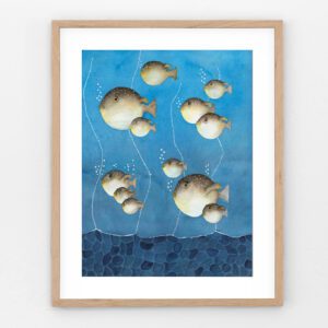 Playful pufferfish swimming through a sea of bubbles in a colorful watercolor art print, adding coastal charm and vibrant energy to any room.