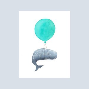 Watercolor note card featuring a whale being gently carried into the sky by a turquoise balloon.