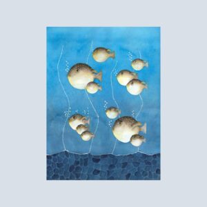Note card featuring twelve brown-spotted pufferfish swimming together through a sea of varying shades of blue.