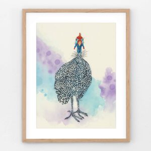 Whimsical watercolor print of a colorful guineafowl with bright plumage and white spots.