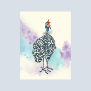 Vibrant blue guineafowl with white spots and red accents on a colorful background.