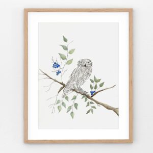 Calligraphy and watercolor owl art print named Hoot, featuring delicate feather details and an air of wisdom, perfect for adding charm and mystique to your space.