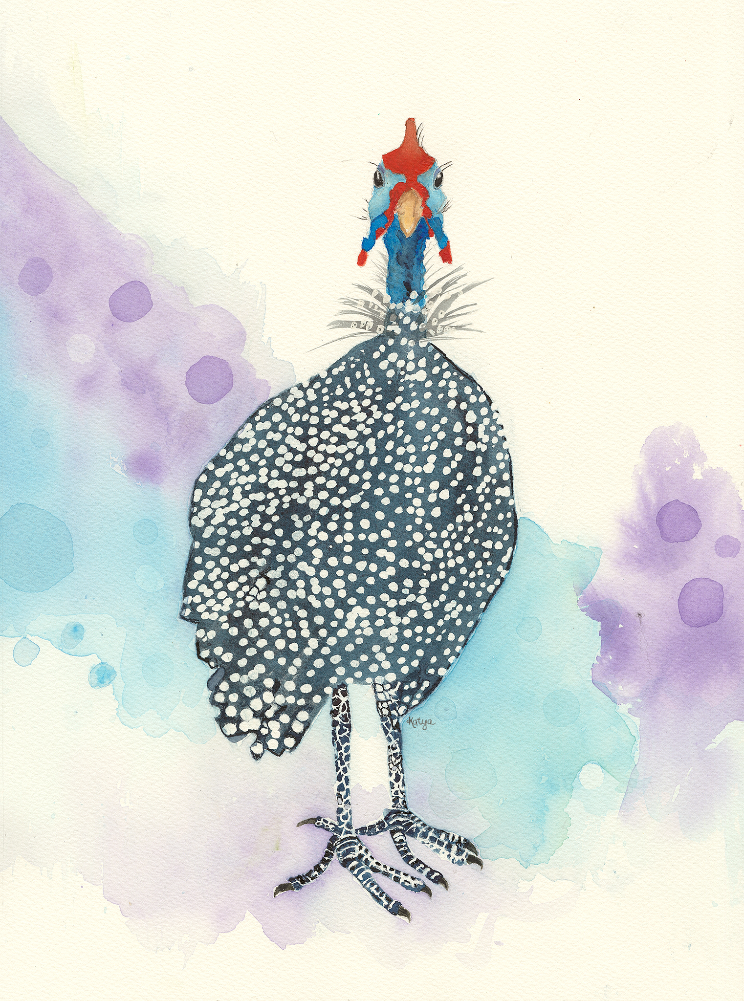 Whimsical guineafowl note card with vibrant watercolor spots and a colorful background. A cheerful and playful design perfect for sending a note full of sunny vibes and joy.