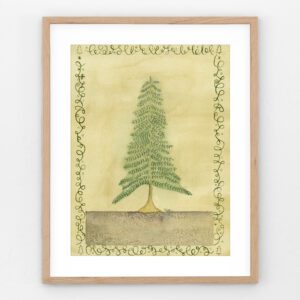 A majestic evergreen tree stands tall in a watercolor wash, framed by abstract calligraphy scrolls and a vintage-inspired background. This stunning piece exudes natural strength and elegance, making it a perfect addition to any space seeking timeless serenity and beauty.