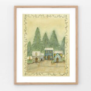 "Nestled Among the Trees" – Cozy homes tucked among evergreens in a watercolor print, framed in black and set against a dark, moody wall. The vintage-inspired background and abstract calligraphy scrolls add warmth and character, creating a charming focal point for any space.