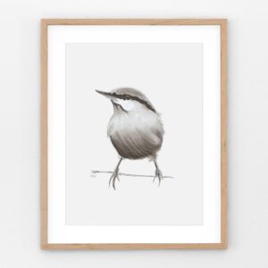 "Sitting Pretty" – This sweet nuthatch knows how to strike a pose! Perched on a branch in soft charcoal strokes, this neutral-framed print brings a touch of woodland calm and quiet charm to your space—perfect for cozy corners and nature lovers alike.