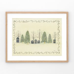 Watercolor and calligraphy art print of a peaceful hillside with quaint homes and falling snowflakes evoking calm, vintage winter charm.