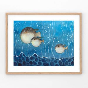 Three puffed-up puffer fish, swimming in a sea of bubbles and bringing all the quirky coastal vibes. This playful watercolor adds a burst of color and whimsy to any space, no deep dives required.