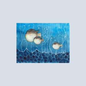 Charming watercolor of three pufferfish swimming together in a bubbly blue sea.