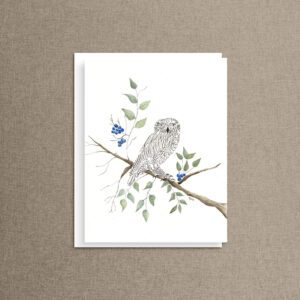 Hoot calligraphy owl watercolor note card perched on a branch with blue berries and green leaves, blank inside notecard