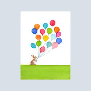 Watercolor illustration of a sweet bunny sitting in grass, holding a large bunch of bright, colorful balloons.