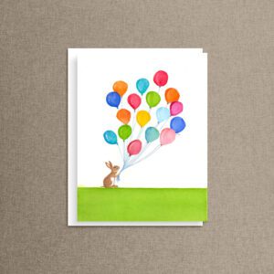 Blank bunny rabbit note card featuring a watercolor rabbit holding colorful balloons.