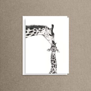 Charcoal giraffe love card showing a mother nuzzling her baby — a heartfelt animal love card for sending someone a little extra tenderness.