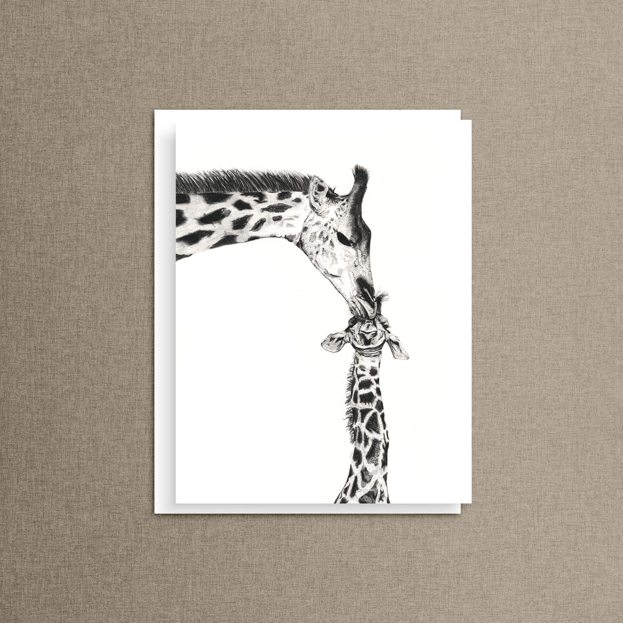 Charcoal giraffe love card showing a mother nuzzling her baby — a heartfelt animal love card for sending someone a little extra tenderness.