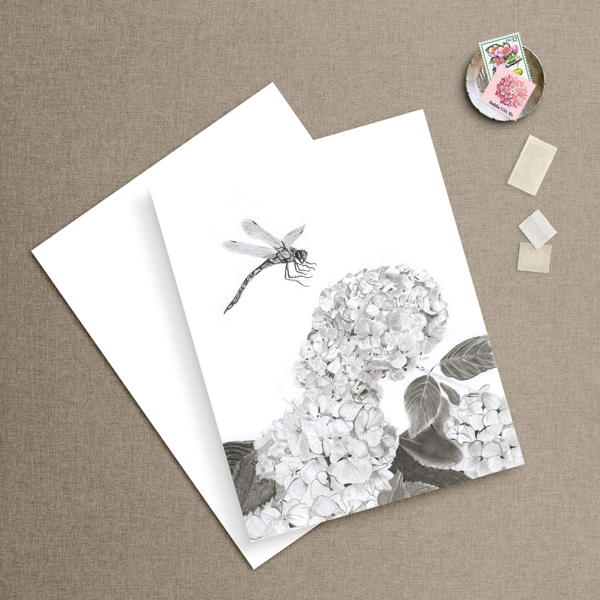 Dragonfly botanical note card and envelope styled with vintage postage stamps and fabric swatches
