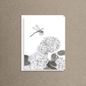 Dragonfly botanical note card featuring a charcoal drawing of a dragonfly and hydrangea