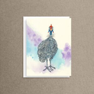 Whimsical guinea fowl chicken note card with watercolor illustration and colorful background