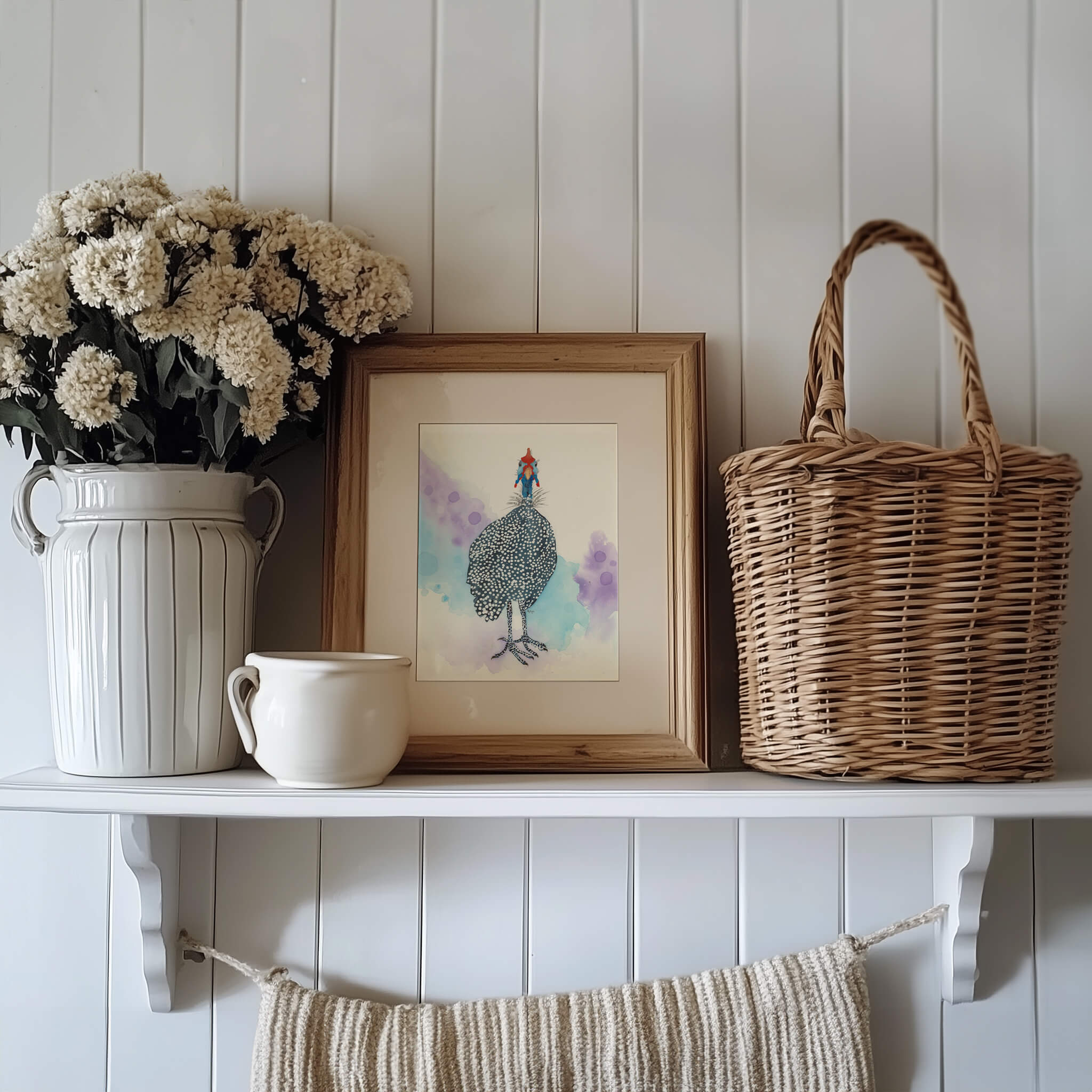 Guinea fowl print styled on a farmhouse shelf with dried florals and a woven basket — helmeted guineafowl wall art for cottagecore decor