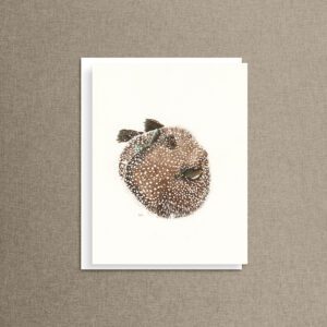 Happy pufferfish note card featuring white spotted fish watercolor illustration on cream background