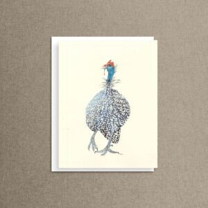 Whimsical guinea fowl chicken note card featuring a watercolor illustration with a soft cream background
