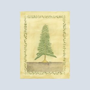 Note card featuring a tall evergreen tree with a vintage-style background and an elegant calligraphy border.