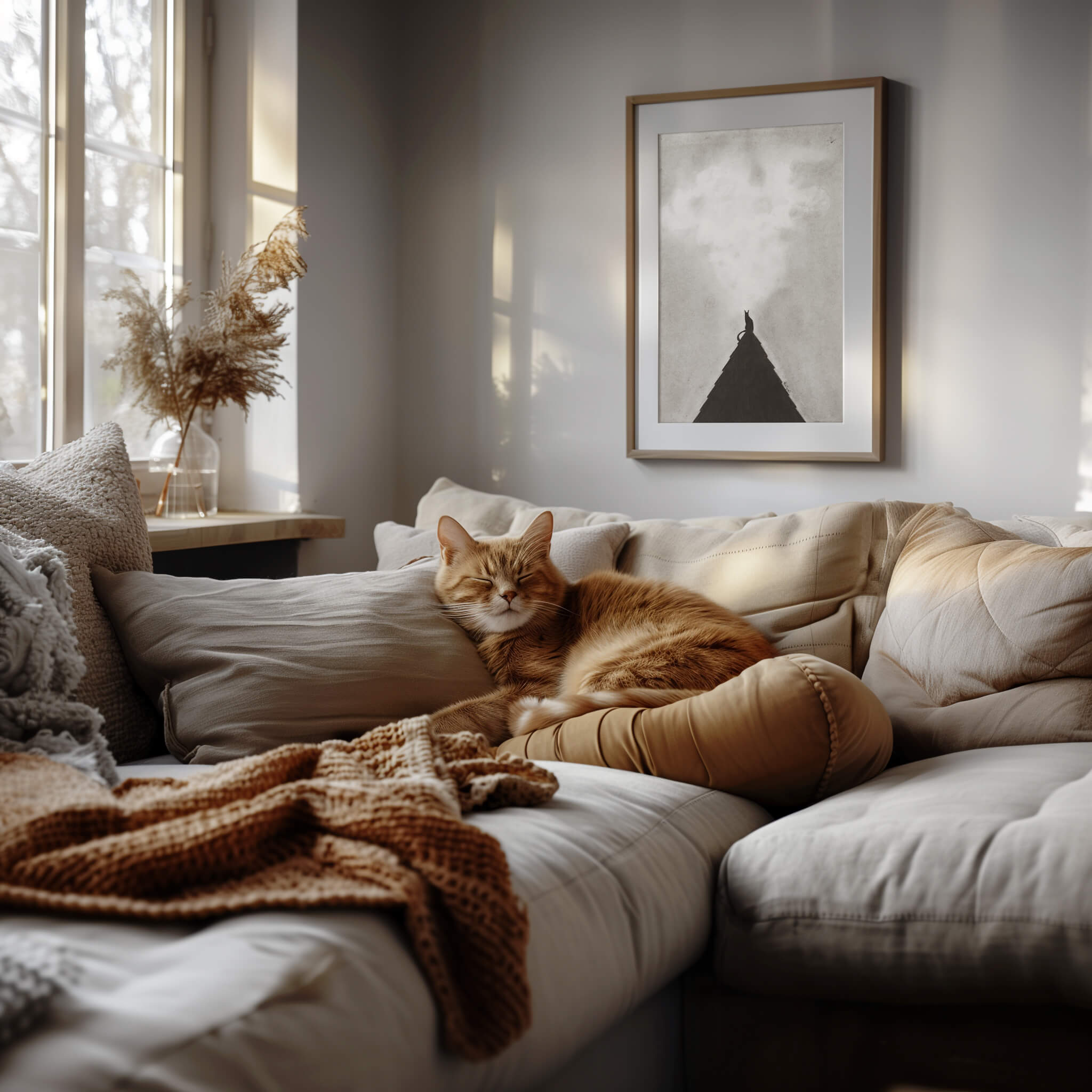 Midnight Perch black cat art print framed above a cozy living room sofa