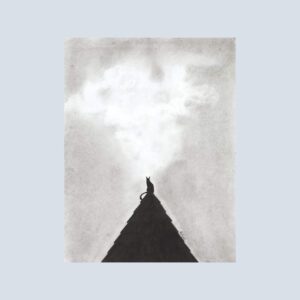 Note card featuring a black cat sitting atop a dark rooftop under a moody, nighttime sky.