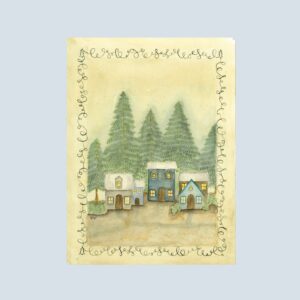 Vintage-inspired illustration of a charming village tucked into a cozy cove of trees, framed by an elegant calligraphy border.