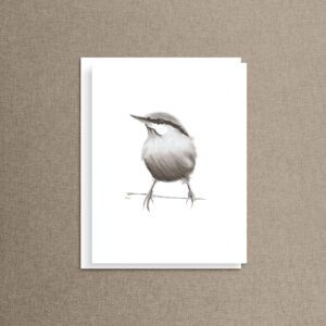 Sitting Pretty nuthatch bird note card featuring a charcoal songbird perched on a branch, blank inside for handwritten notes.