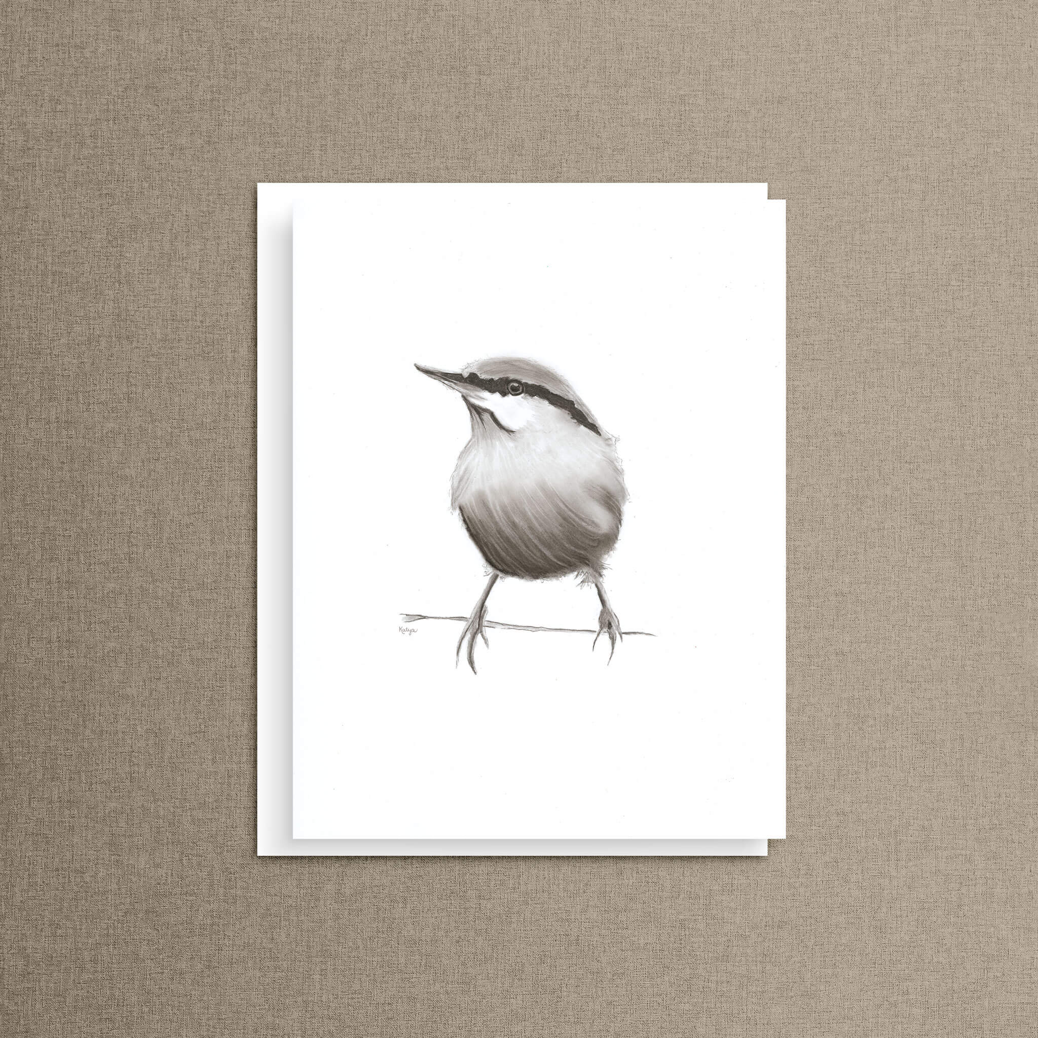 Sitting Pretty nuthatch bird note card featuring a charcoal songbird perched on a branch, blank inside for handwritten notes.