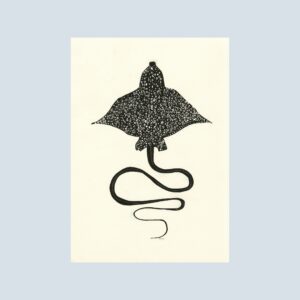 Note card of a black stingray with delicate white spots and an elegantly curled tail, set against a minimal background.