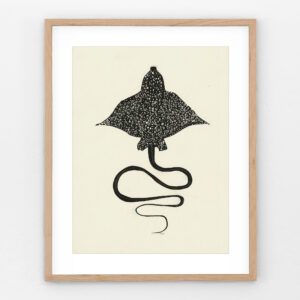 Spotted eagle ray drawing in a light wood frame, shown as a standalone framed art print