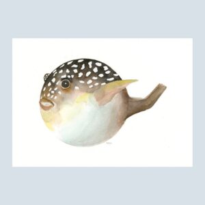 Whimsical watercolor of a very round, sweet-faced pufferfish with charming details and soft coastal tones.