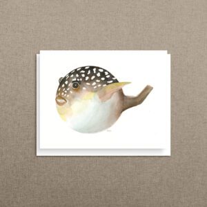 Giant pufferfish note card with spotted watercolor fish portrait, styled on a soft linen background