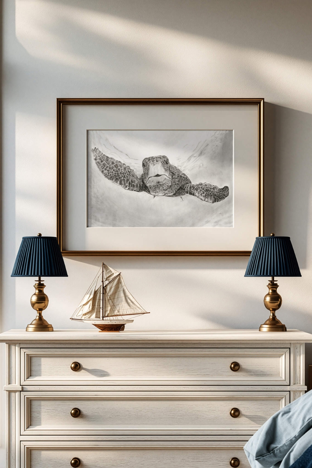 The Great Navigator sea turtle drawing art print framed in gold above a coastal bedroom dresser