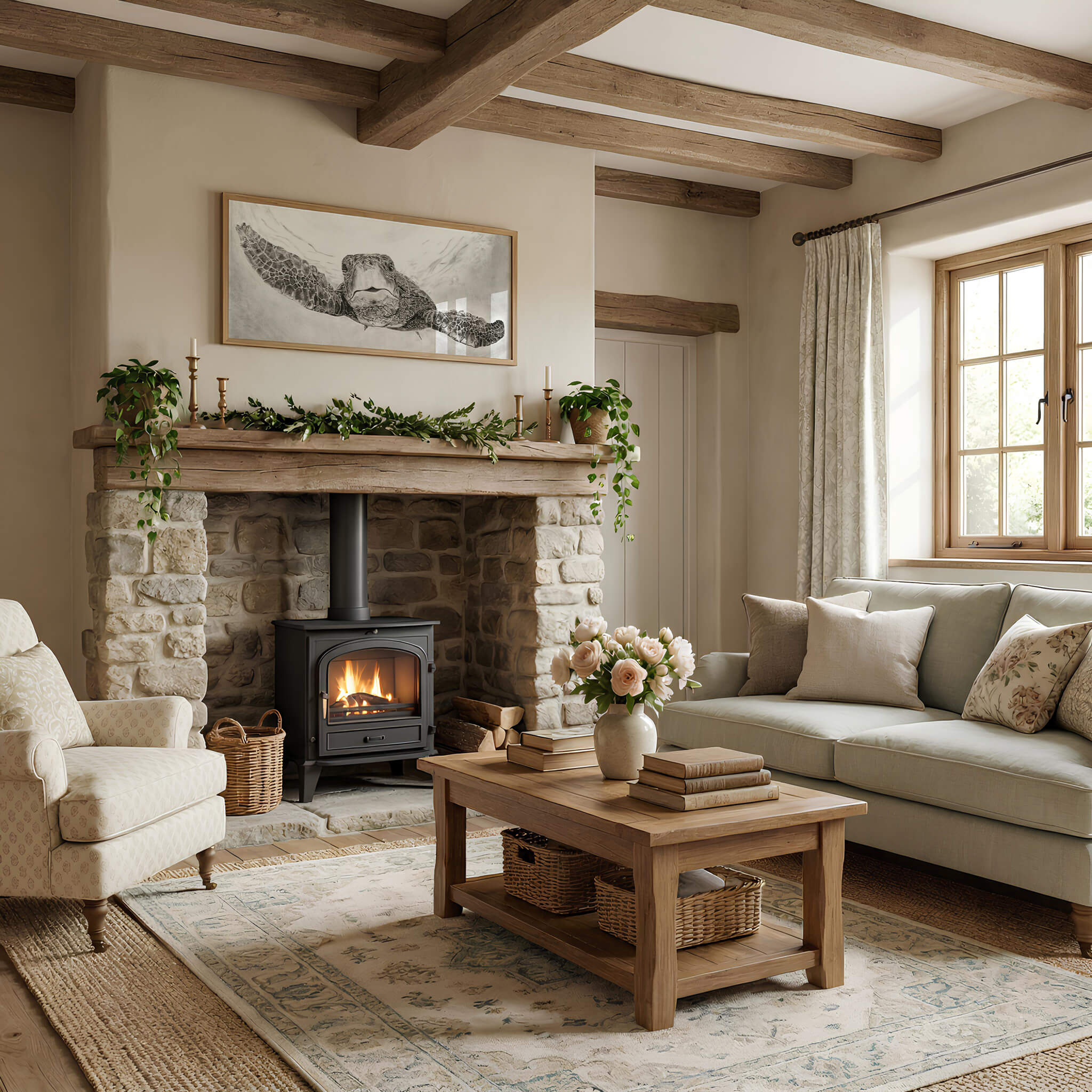 The Great Navigator sea turtle drawing art print above a stone fireplace in a cozy cottage living room