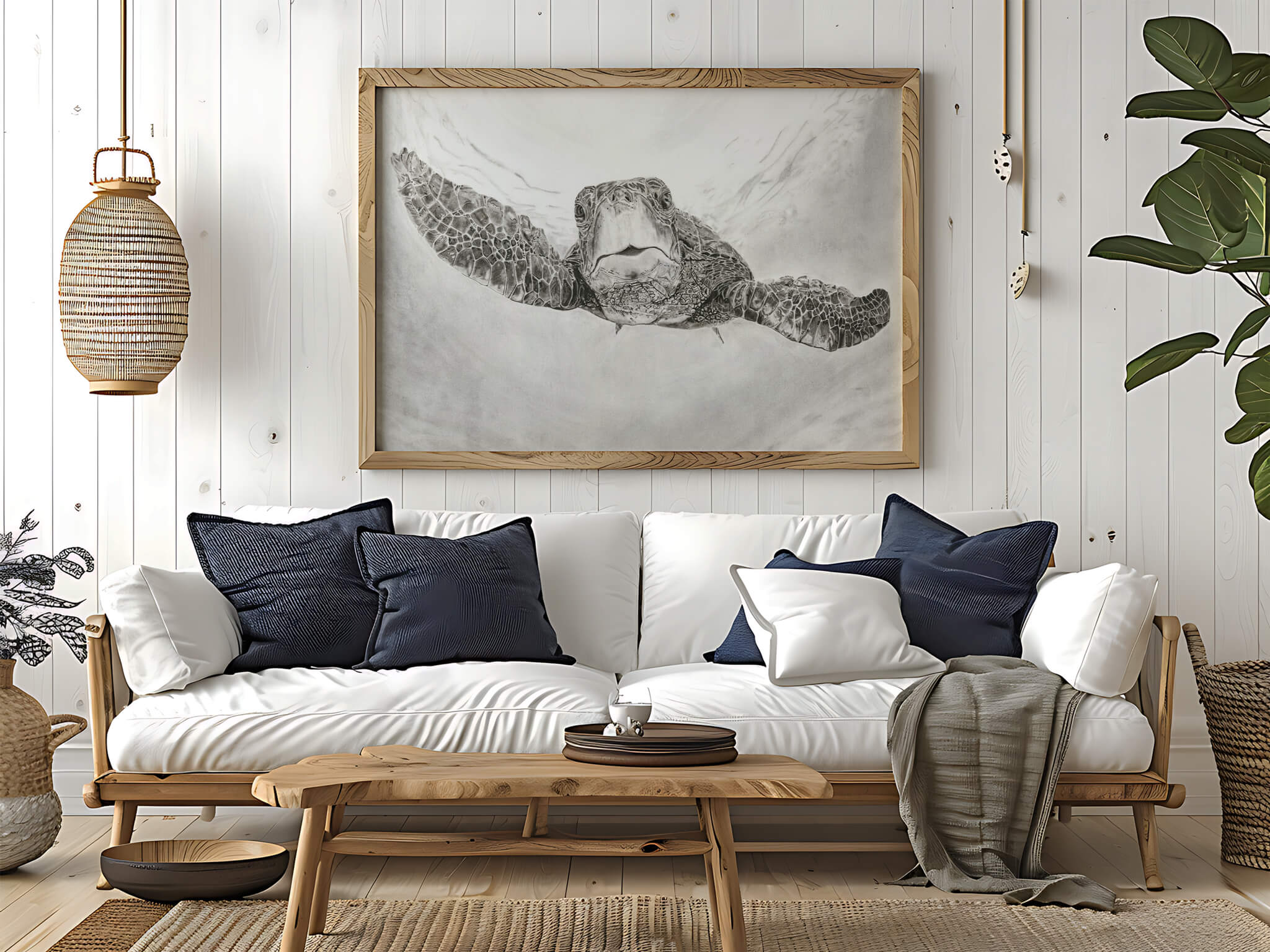 The Great Navigator sea turtle drawing art print framed in a coastal living room above a white sofa