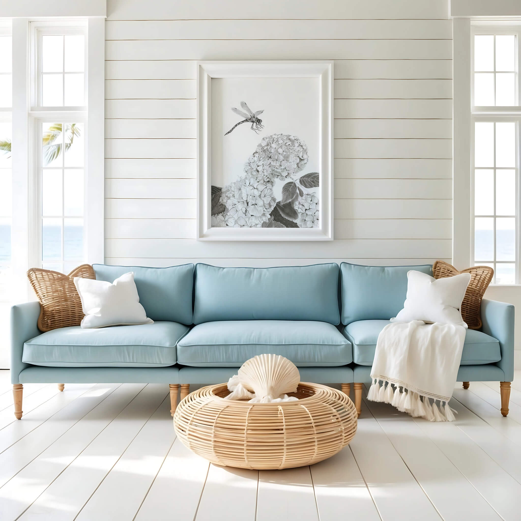 Touchdown dragonfly art print in a white coastal frame above a light blue sofa