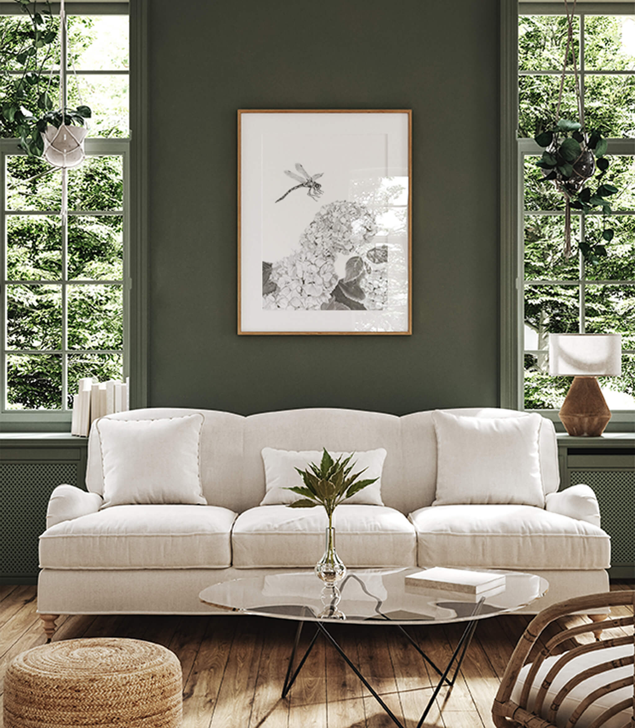 Touchdown dragonfly art print framed in oak above a cream sofa in an olive green living room