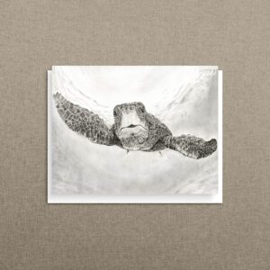 Sea turtle drawing note card displayed on a neutral linen background