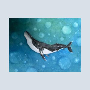 Whimsical watercolor of a gentle whale swimming in an ethereal blue ocean, featured on a fine art note card.