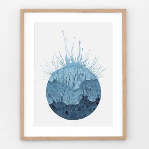 “Water Wonderful” art print in a natural wood frame, set against a clean white background—layered blue tones and upward splashes bring fresh, modern movement.
