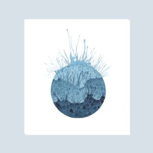 Watercolor notecard featuring a round, blue ball in flowing shades of blue with a vibrant splash bursting from the top.