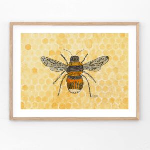 Mixed media artwork of a bee in flight, created with watercolor, calligraphy, and acrylic—whimsical pollinator art by Cathy Turner.
