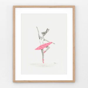 Art print of a charcoal drawing of a charming bunny wearing a pink polka dot tutu, enhanced with acrylic details. Original whimsical artwork by Cathy Turner, perfect for nursery décor and gift-giving