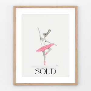 Charcoal drawing of a bunny wearing a pink polka dot tutu, posed like a ballerina.