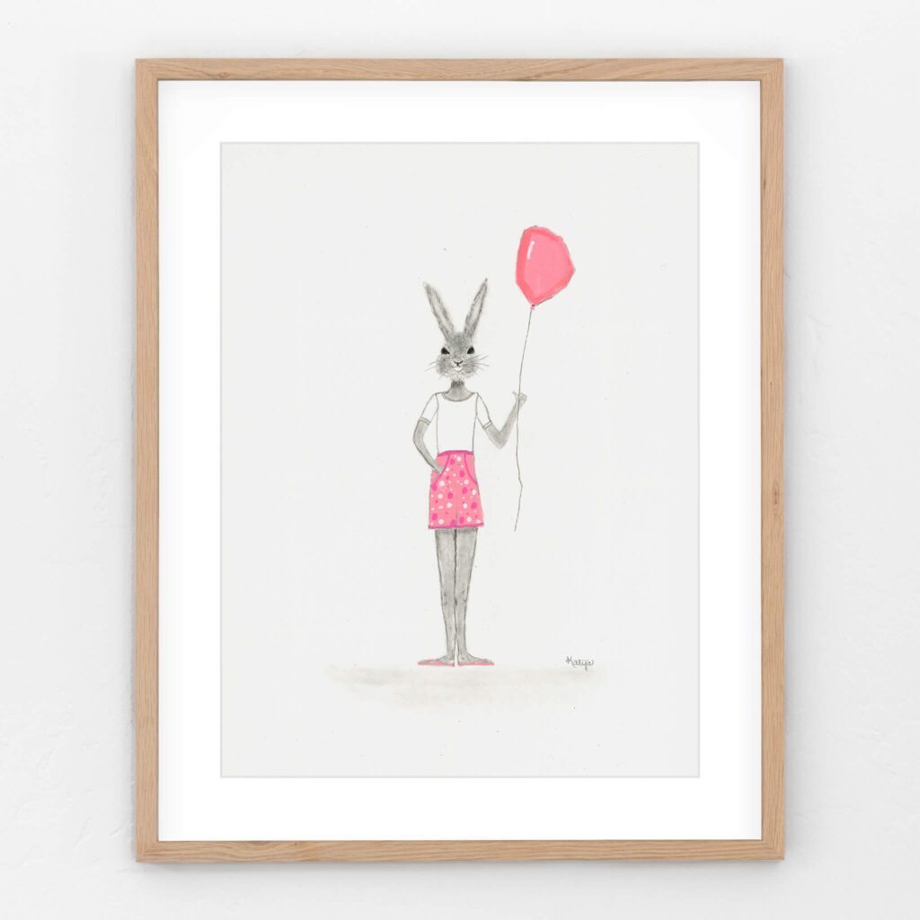 Balloon Bunny art print - a charcoal drawing of a bunny wearing pink polka dot shorts and a white t-shirt, holding a pink balloon—whimsical art print by Cathy Turner.